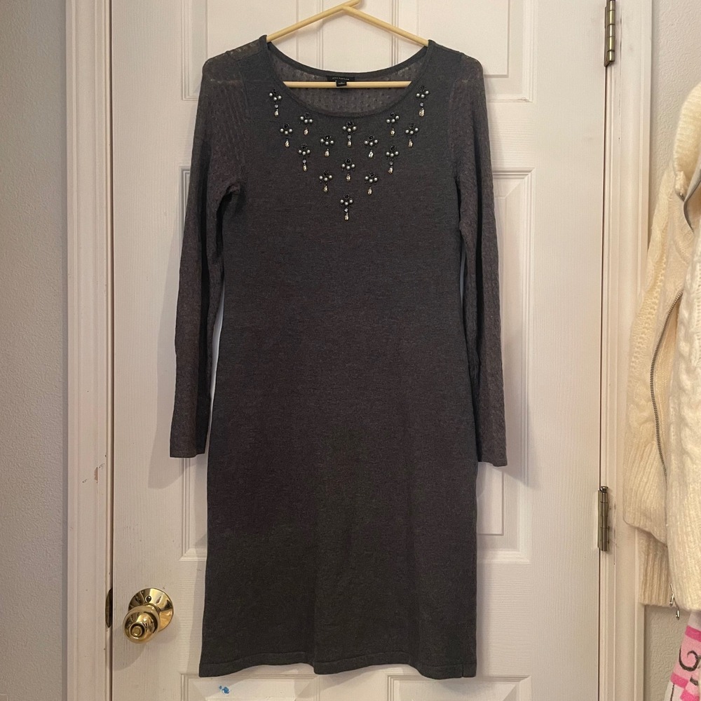 Ann Taylor Charcoal Gray Embellished Sweater Dress Long Sleeve Size S